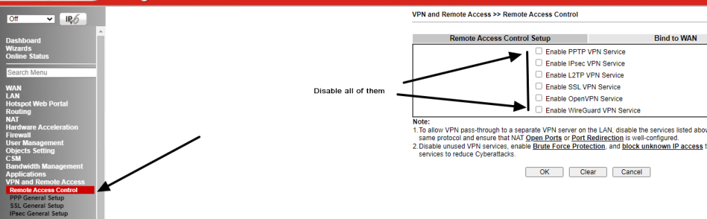 Graphic of instructions on how to disable Remote Access on DrayTek routers.